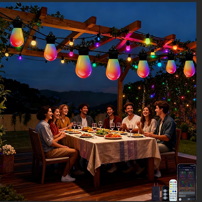 S14 Lichterkette für den Außenbereich, intelligente Terrassenlichter mit 15 bruchsicheren LED-Glühbirnen, App und Fernbedienung, 213 Szenenmodi, IP67 wasserdicht für Garten, Hochzeit