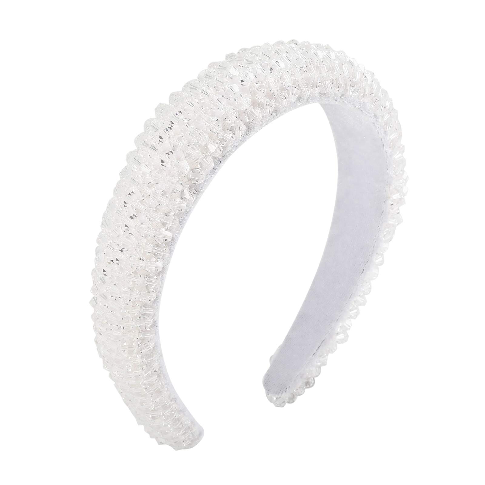 Velvet Rhinestone Headband Padded Hairband - Rhinestone Wide Elastic Crystal Headband for Women Sparking Bejewelled Headband (White)