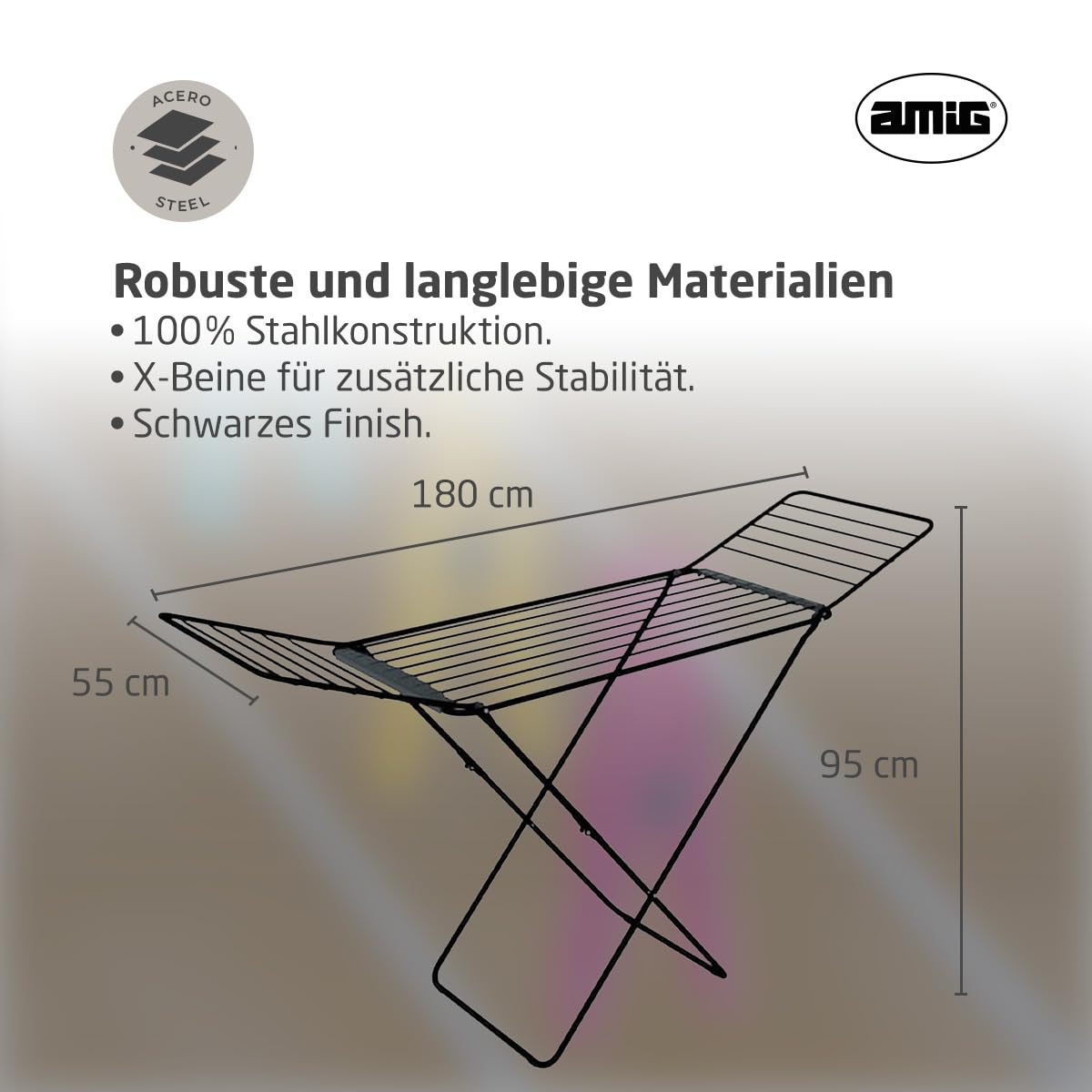 Amig - Klappbarer Wäscheständer mit Flügeln Mod. Aeria ZenRack - Robuster Stahl - Wäschetrockner - Einfacher Aufbau und Faltmechanismus - 18 m Trockenfläche - Maße 180x55x95 cm - Farbe Schwarz