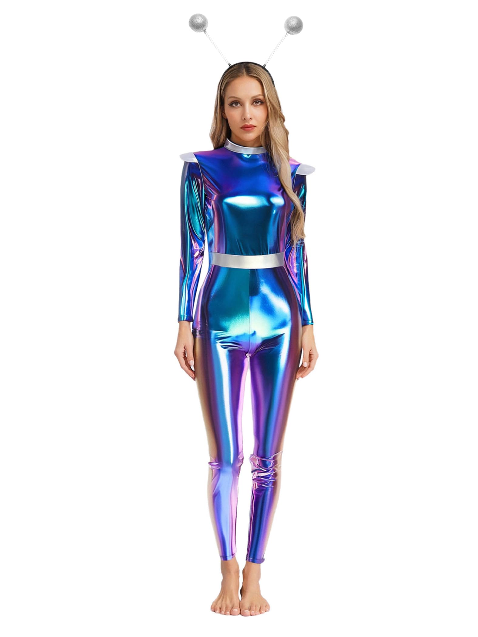 Yiesvsov Halloween Costumes for Women Alien Metallic Jumpsuit Long Sleeve Catsuit Funny Bodysuit 2 Pcs Set Blue 3XL
