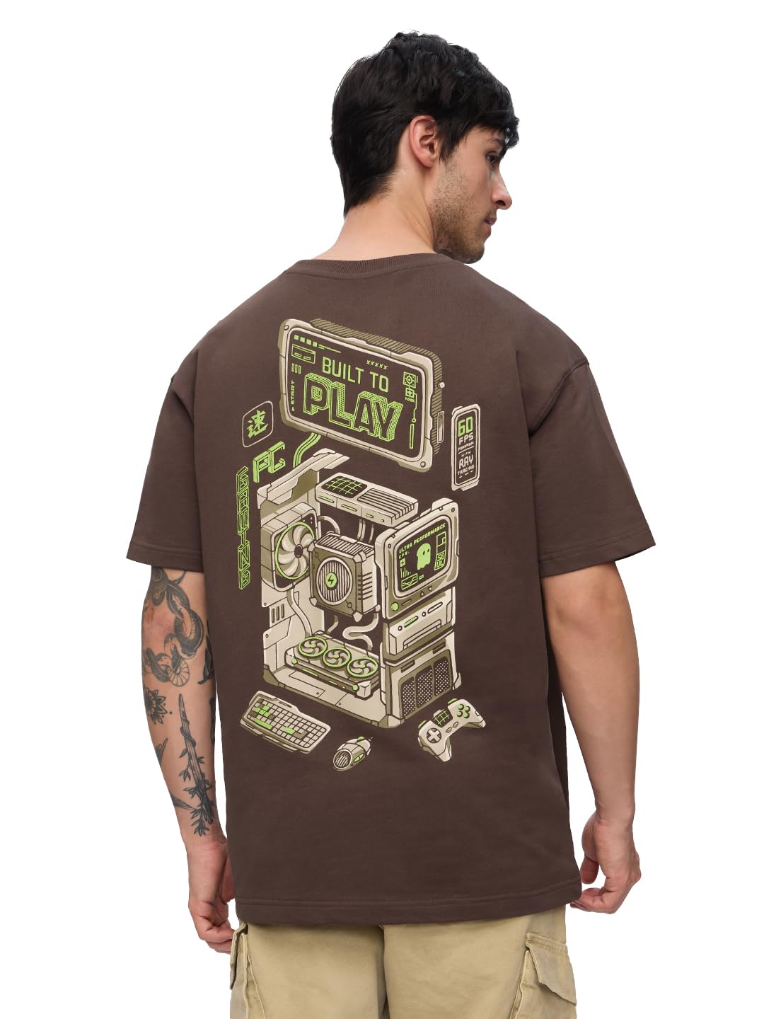 The Souled Store Built to Play Men and Boys Short Sleeves Round Neck Brown Graphic Printed Cotton Oversized T-Shirts-picture-38