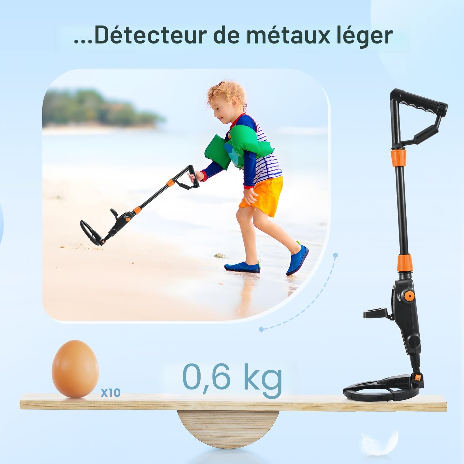 Detecteur de Metaux Enfants, Détecteur de Métaux Léger pour Enfants avec Écran LCD et Son, Bobine étanche IP68, Detecteur Metaux Enfant de Haute Précision avec Râteau, Pelle, Sac à Dos