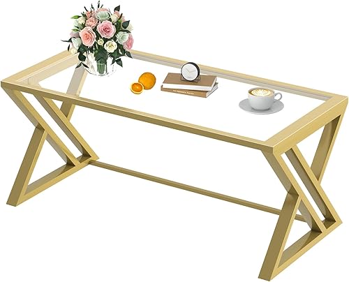 Miniatura 9 de Mesa de Centro de Cristal Dorado Mesa de Centro de Cristal para Sala de Estar, Mesa Central Rectangular Moderna con Marco de Metal Resistente, Mesa