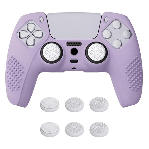 eXtremeRate PlayVital - Funda de silicona antideslizante para controlador PS5, color morado malva 3D, con 6 tapas blancas de agarre para el pulgar