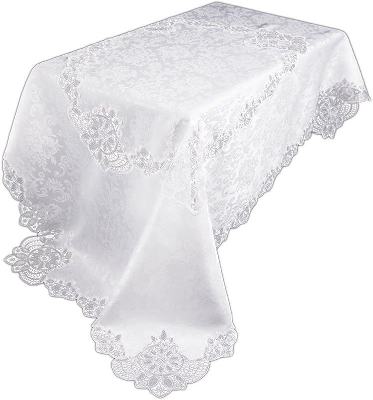 XD17190 Antebella Lace Embroidered Cutwork Tablecloth, 60 by 84-Inch, White