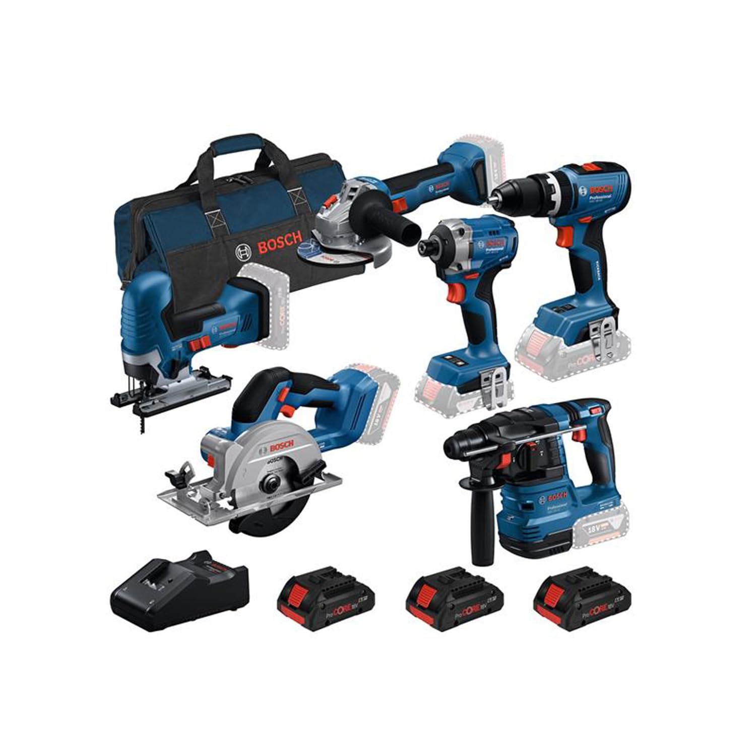 Bosch 6 Piece Combo Kit 18V Professional with 3 x ProCORE 4.0Ah Batteries, Charger and Tool Bag.