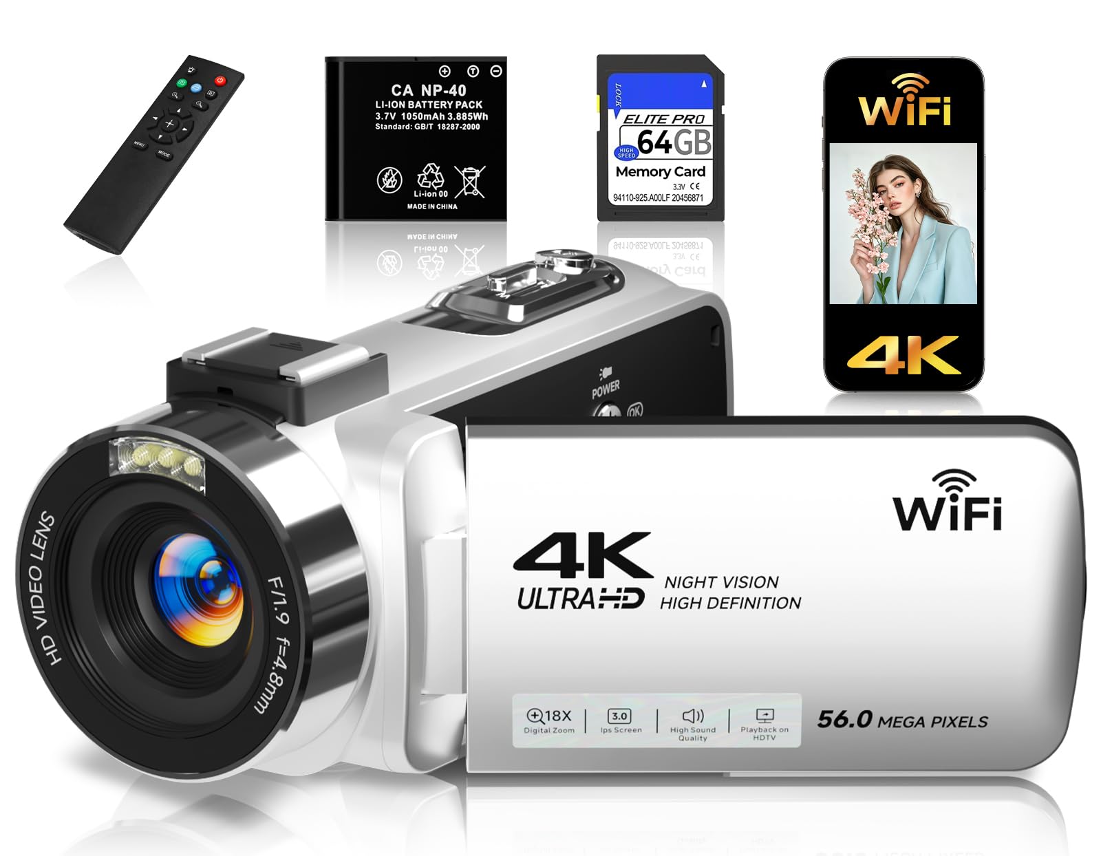 Camcorder,FHD 4K 56MP Video Camera,WiFi Vlogging Cameras for YouTube with IR Night Vision,18X Digital Zoom 3.0''Touch Screen Digital Camera with 64GB Card,Remote Control,Webcam and Battery(Silver)-picture-22