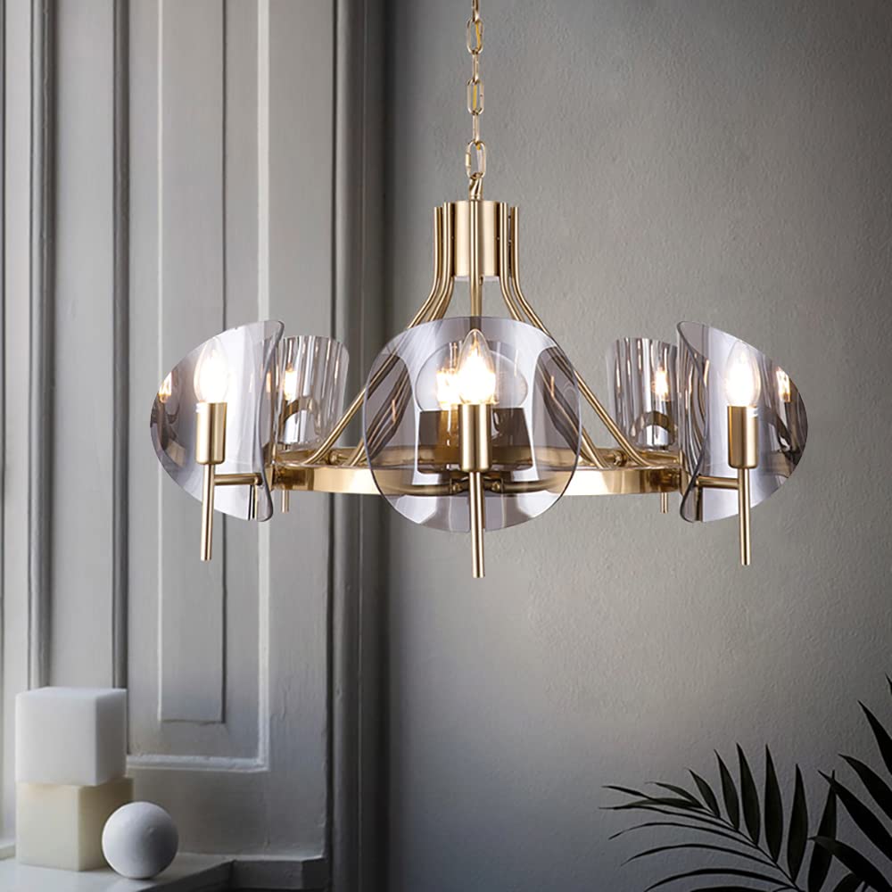 HYJAUSXB Wagon Wheel Chandelier,Brass Chandeliers Hanging Ceiling Light Fixtures with Glass and Steel Frame (6-Light)