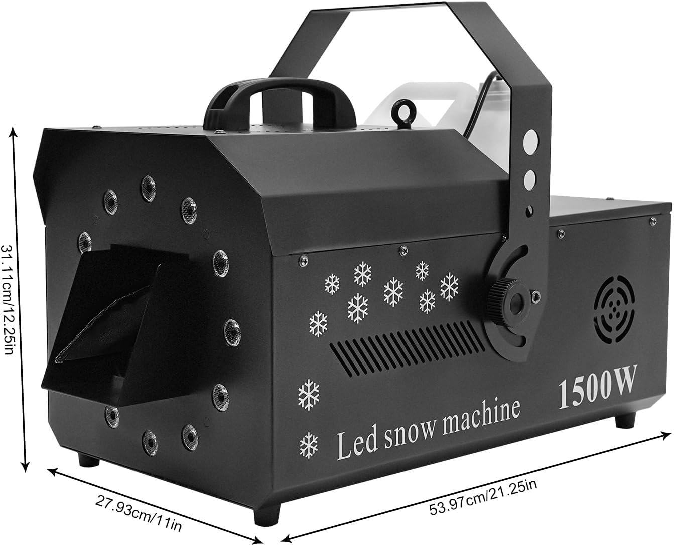 Dimensions of the Gdrasuya10 1500W LED Snow Machine, showing length, width, and height measurements.