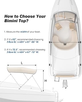 KEMIMOTO Bimini Top for Boat, Bimini Tops Cover 600D Marine Grade Canvas Boat Canopy with 6ft Length 54 in - 96 in Width 46 in Height, Includes Mounting Hardware, Straps Rear Support Poles
