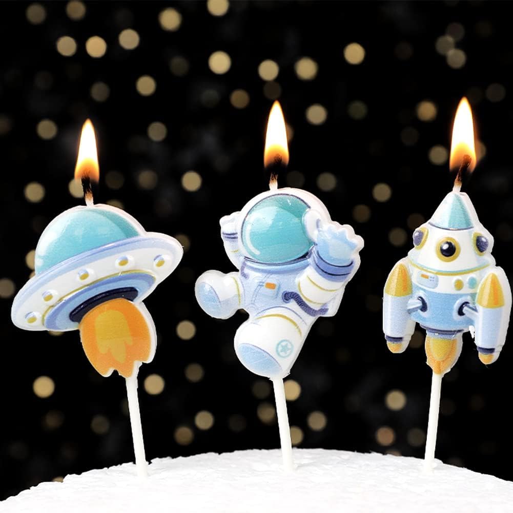 PartyToko Space Theme Birthday Candles Rocket Astronaut Happy Birth-Day Decoration Cake Candle Birth-Day Party Cake Decoration Boy Girls Spaceship Candles - Set 3pcs-image-5