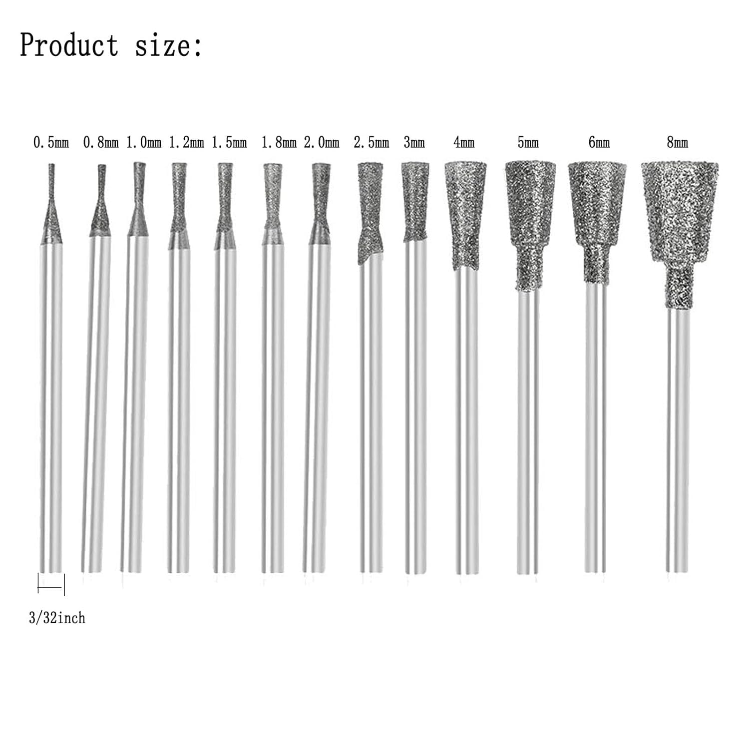 13 Pcs Diamond Burr, 3/32'' Shank Inverted Cone Shape Diamond Mounted Stone Carving Bits for Rotary Tools