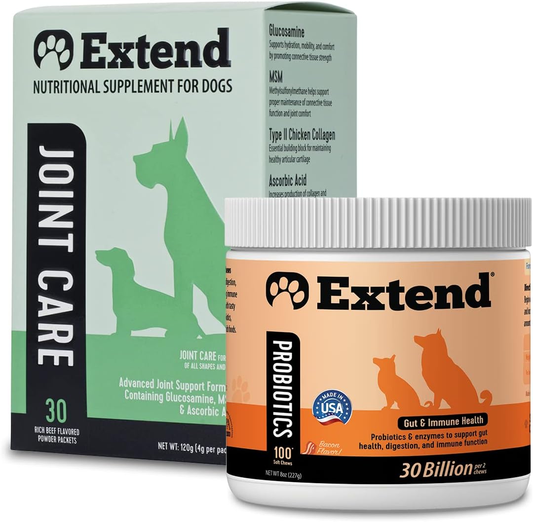 - Extend Dog Joint Care Supplement (30 Count) + Probiotics Soft Chews (100 Count) | with Glucosamine, MSM, Type II Collagen Supports Hip, Joint, Gut & Immune Health - Made in USA