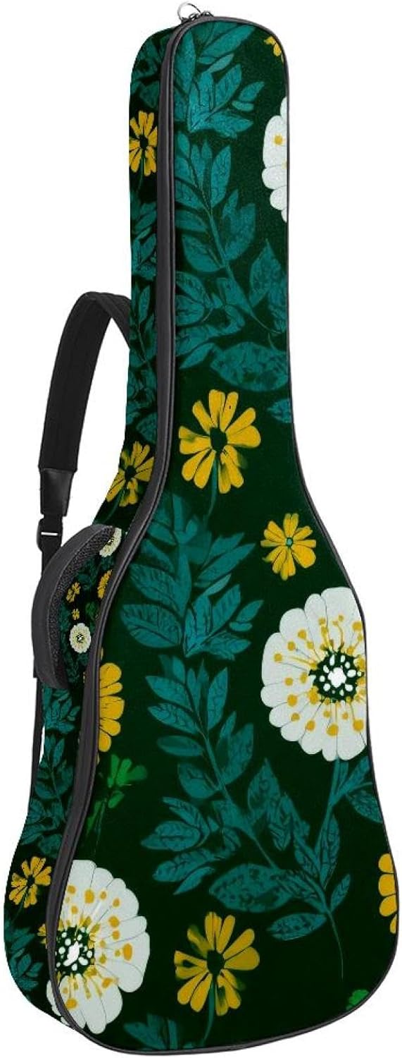 Botanical Floral Flower Pattern Acoustic Guitar Gig Bag, 1 cm Thick Padding Waterproof Guitar Bag Backpack for 40 41 42 Inch Electric Bass Classical Guitars