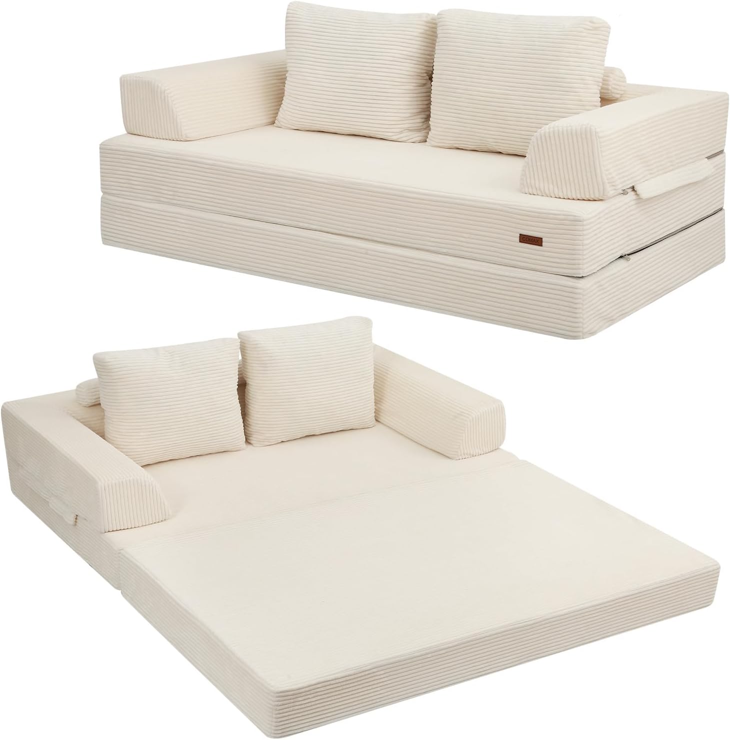 COMAX Futon Sofa Bed, Convertible Folding Sofa Bed, Boneless Couch Loveseat Corduroy with Pillows, Small Foldable Floor Couch Comfy Lounge Sleeper for Living Room Bedroom, Beige