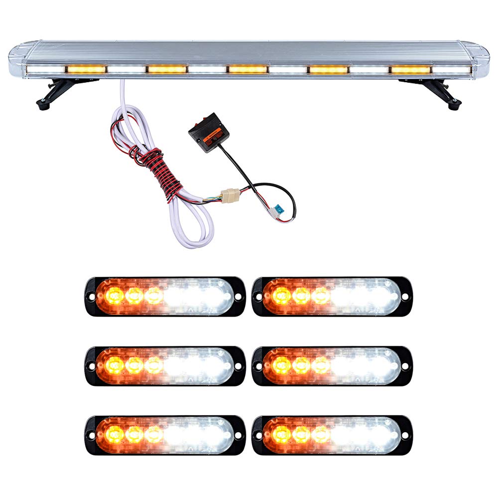 Astra Depot Set 51 inch Amber White 96-LED Warning Emergency Beacon Strobe Light Bar with 6pcs Ultra Slim 6-LED Hazard Flashing Dask Deck Grille Lamp 12V-24V