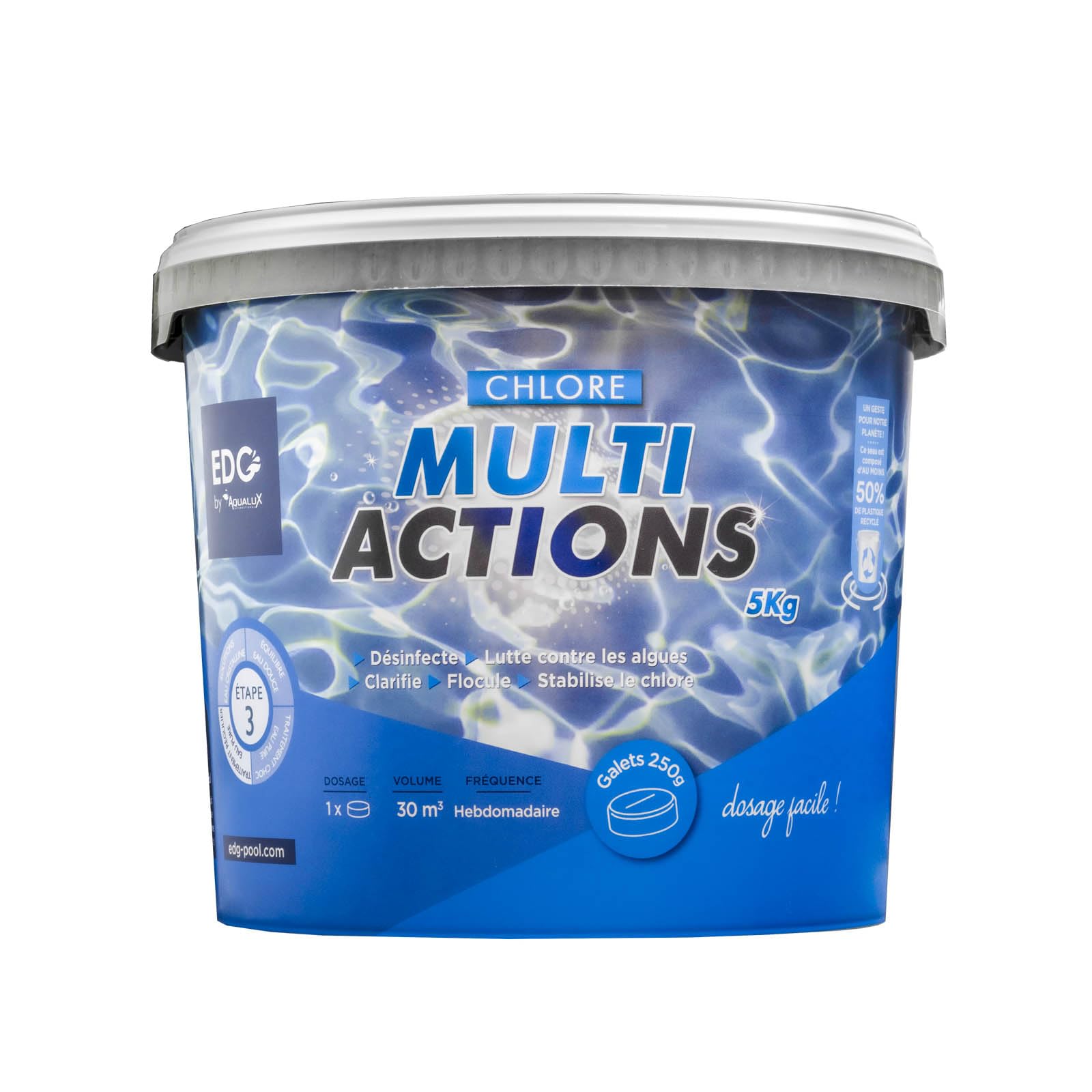 EDG by AQUALUX International - Chlore Multi Actions Piscine - Multi Fonctions Action Longue Durée - Galets 250g - Seau 5 kg