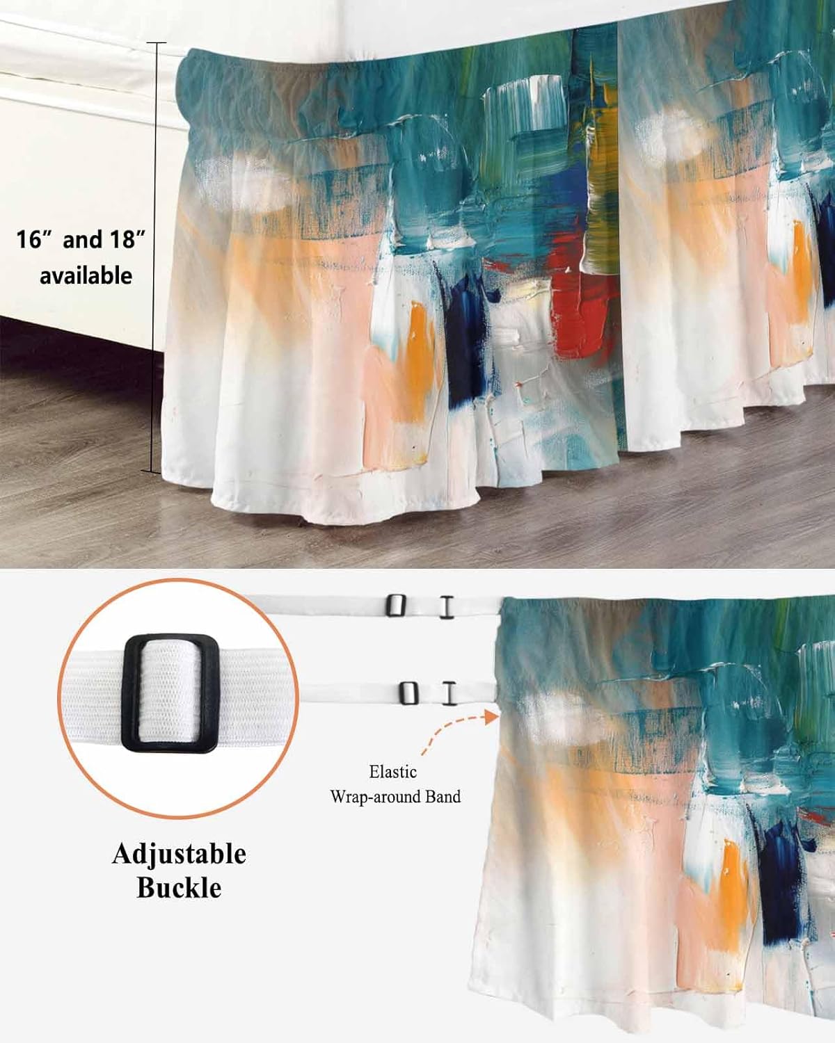 Colorful Ombre Bed Skirt King Size, Wrap Around Bed Skirting with Adjustable Elastic Strap, Oil Painting Modern Graffiti Abstract Art Dust Ruffled Pleated Bedskirts 18 Inch Drop for Bedroom King Beds