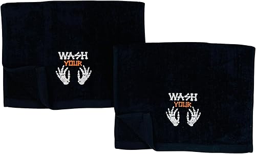 Miniatura 5 de Toallas decorativas de Halloween para los dedos divertido diseño de lavarse las manos o los huesos, negro 12 "x 18" pulgadas, juego de 2