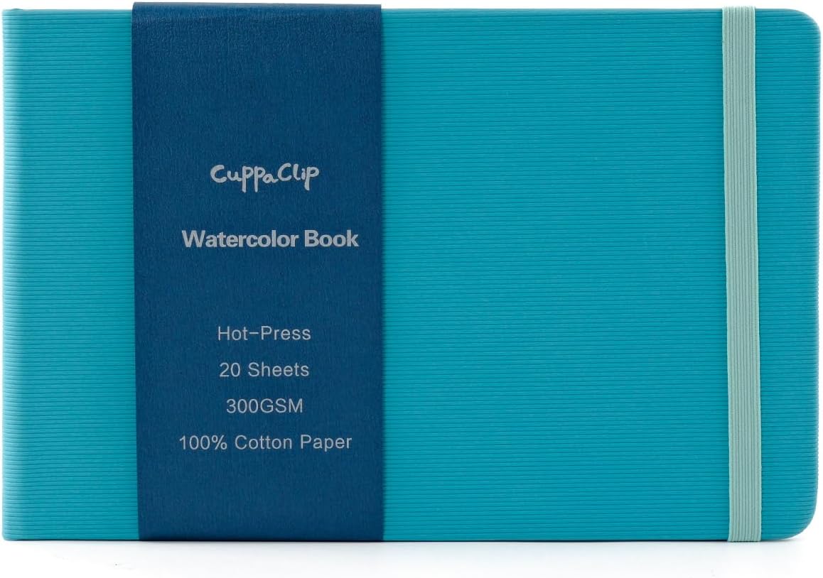 CuppaClip Watercolor Paper Cotton Hot-Pressed with Inner Pocket Watercolor Sketchbook Journal As Travel Notebook 300 GSM 140 LB (Blue, 8.26x5.82in)