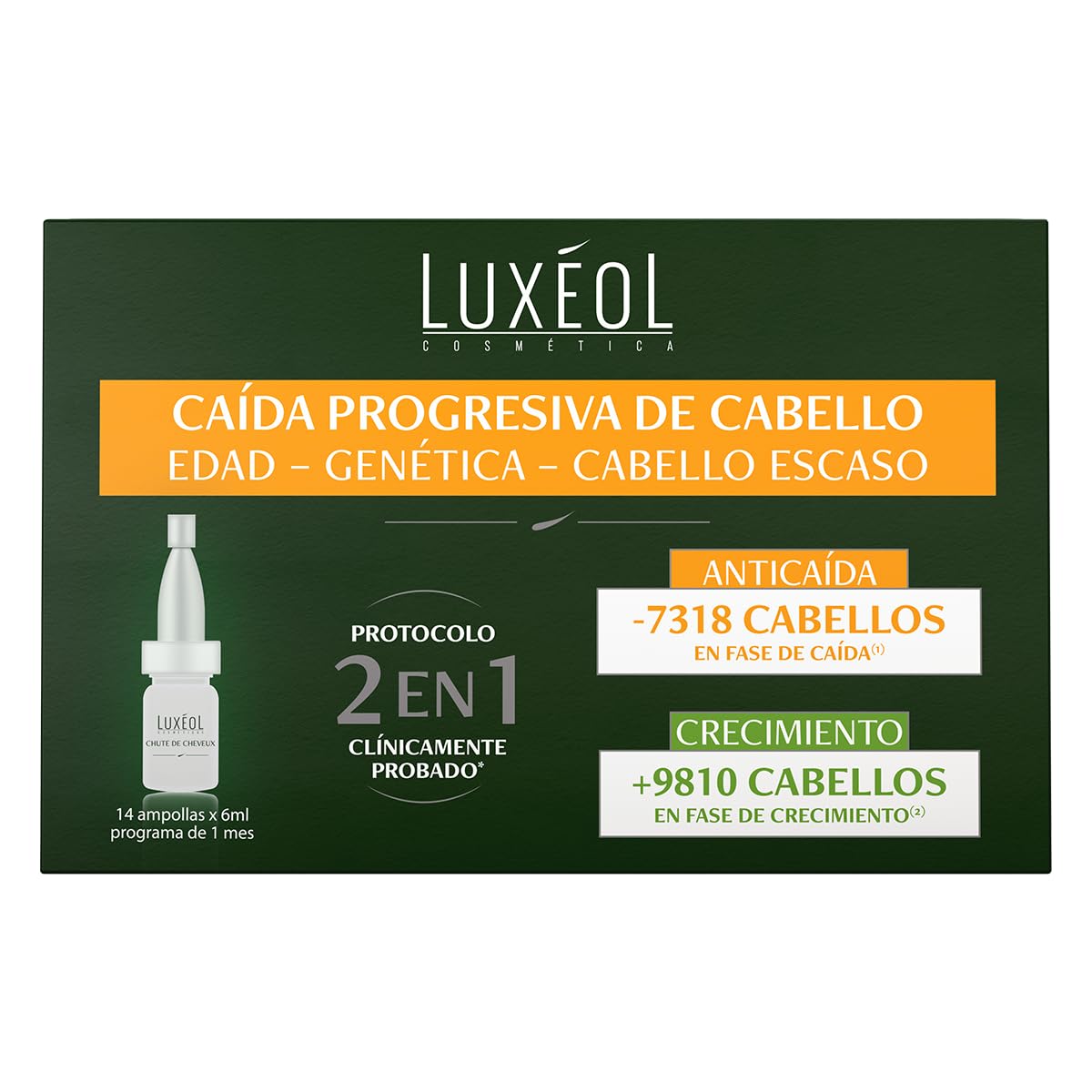 LUXÉOL - Serum Caída Progresiva De Cabello 2 en 1 - Favorece Anticaída Y Crecimiento Pelo - Clínicamente Probado - 98% Ingredientes De Origen Natural - Unisex - Programa de 1 mês - 14 Ampollas (6ml)