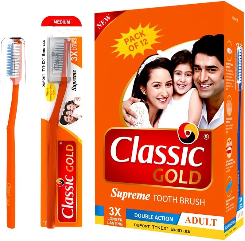 - Supreme Medium Manual Toothbrush For Adults | With Dupont Tynex Bristles and Crystal Clear Anti Bacterial Cap | Pack of 12 Pieces - Multicolor