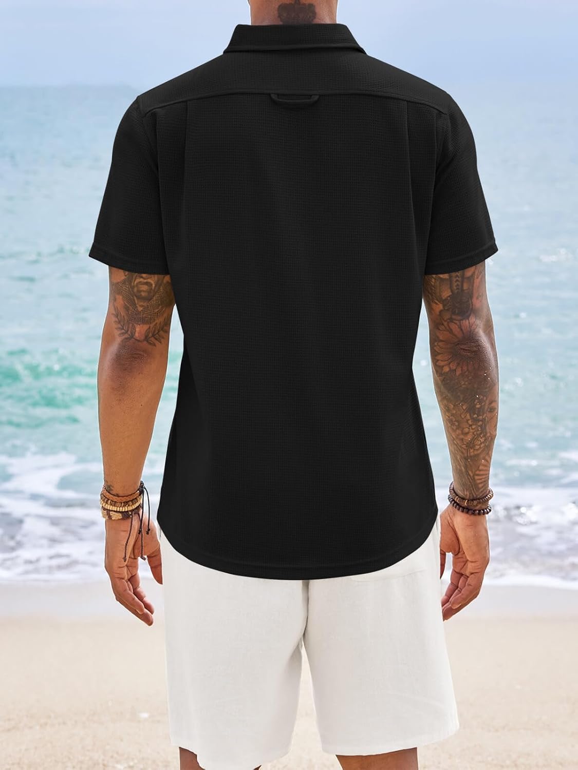 Yousify Mens Button Down Shirts Short Sleeve Waffle Knit Summer Casual Shirt Lightweight Beach Tops with Pocket - Image 4