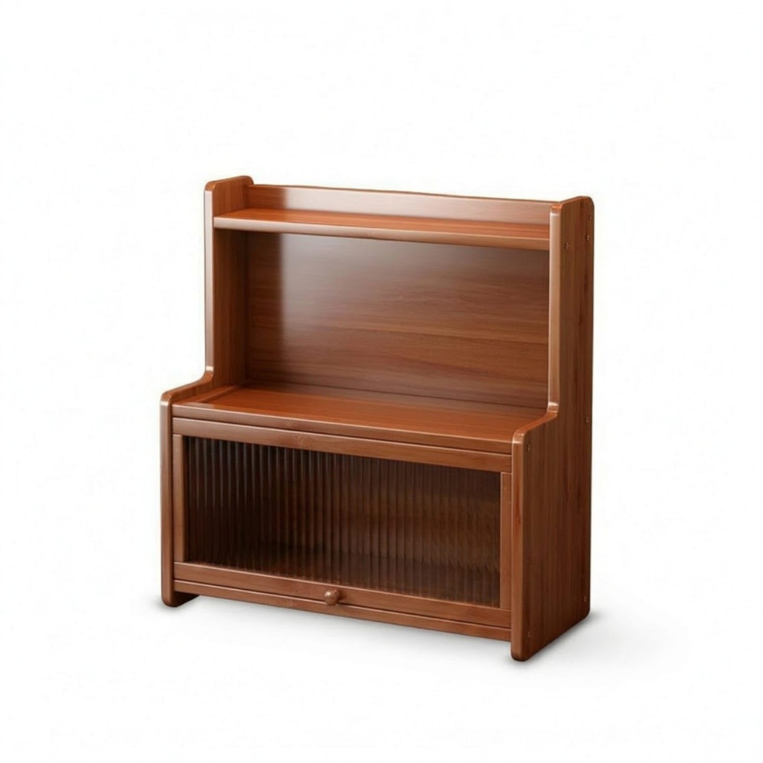 Ojiva® Wood-Grain Countertop Cabinet with Flip-up Door Space-Saving 3-Tier Organizer with Rattan Door Dustproof Countertop Rack with Cabinet Compact for Bathroom Counter, Coffee Bar, 35CM, Changhong-image-4