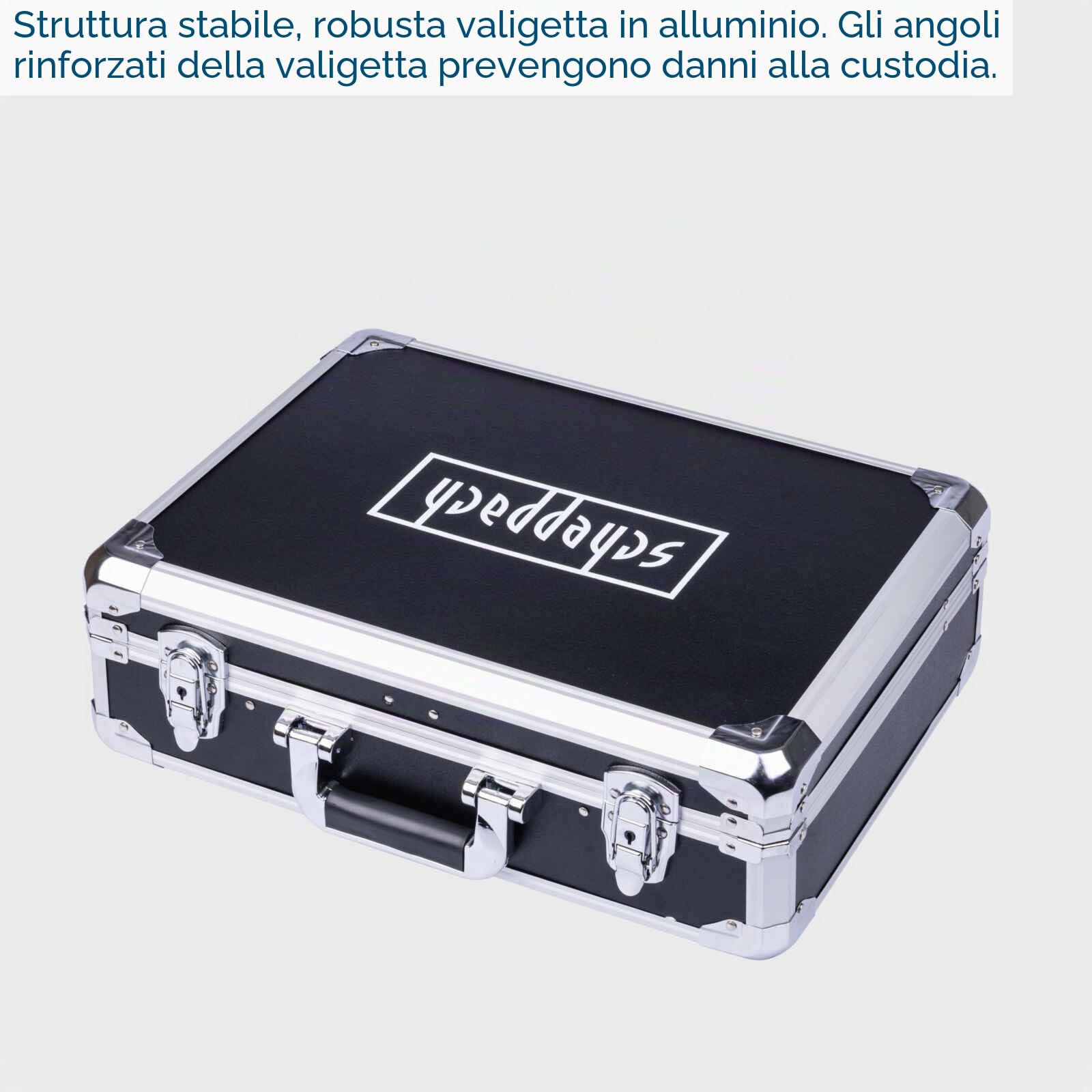 Scheppach TB200 Cassetta degli attrezzi in alluminio riempita, set di 141 pezzi | Cassetta degli attrezzi dotata di chiave a cricchetto, martello, pinza, cacciavite, cassetta degli attrezzi per