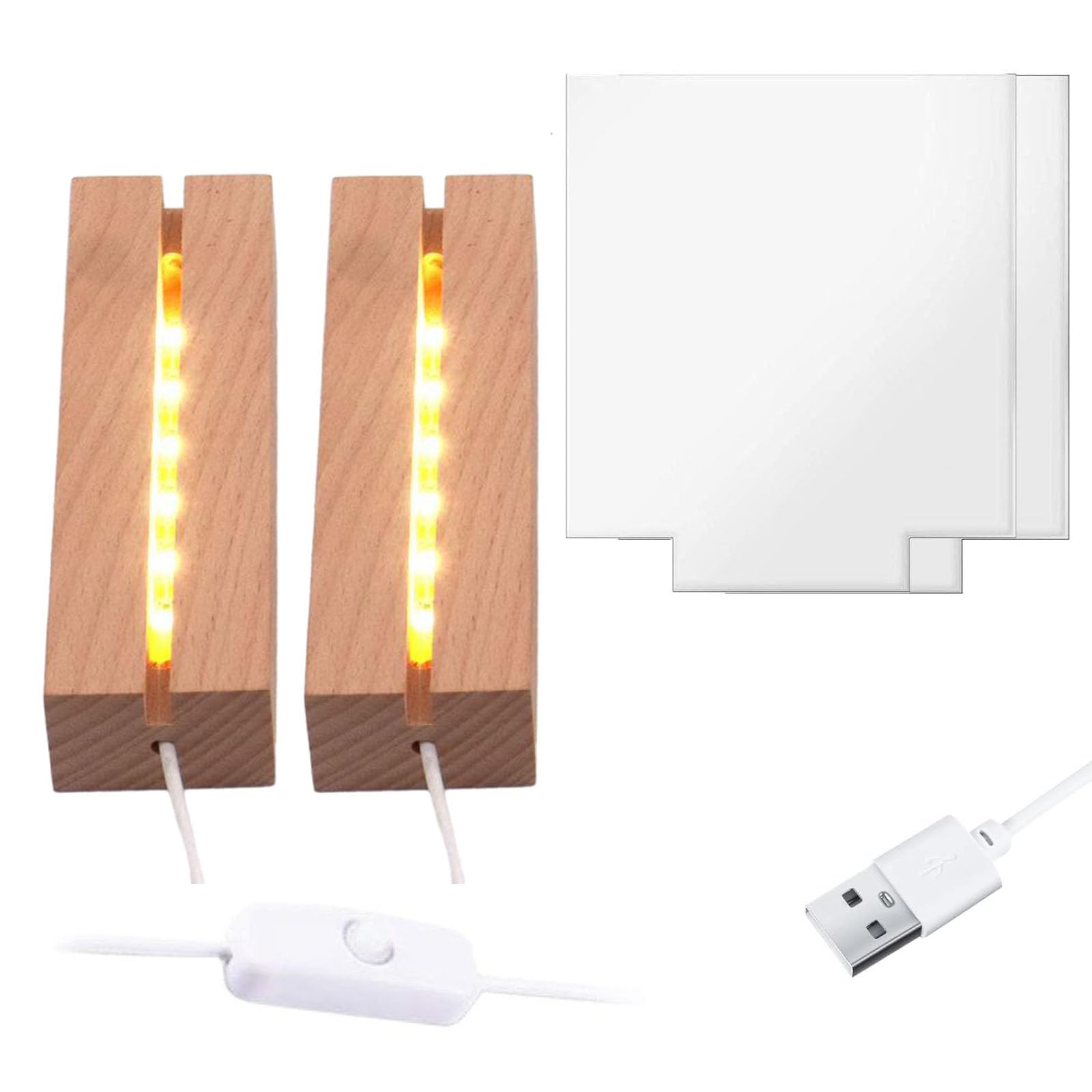 Lyshujli 2Pcs 6" Wood LED Light Base with Blank Acrylic Sheet Clear Cast Plexiglass for LED Light Base Signs DIY Display Projects Craft-Warm Light