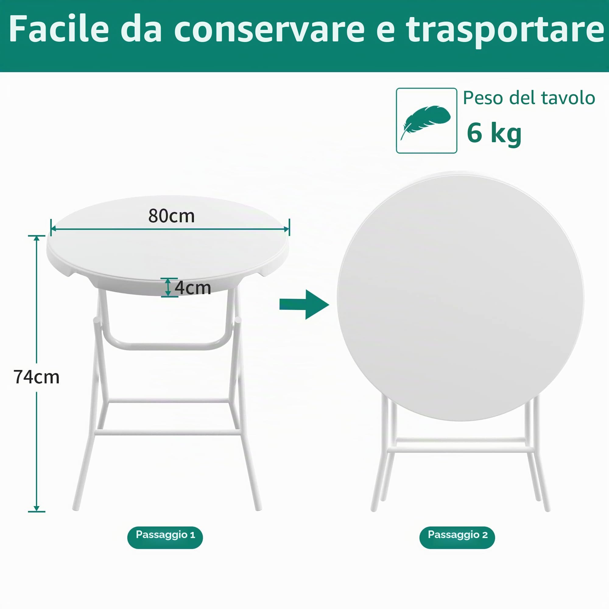 YITAHOME Tavolino Pieghevole Piccolo da 2.6FT, Tavolino Rotondo da Giardino Robusto, Tavolino Laterale Pieghevole per Feste all'Aperto, Spiaggia Barbecue, Bianco, 80 x 80 x 74cm