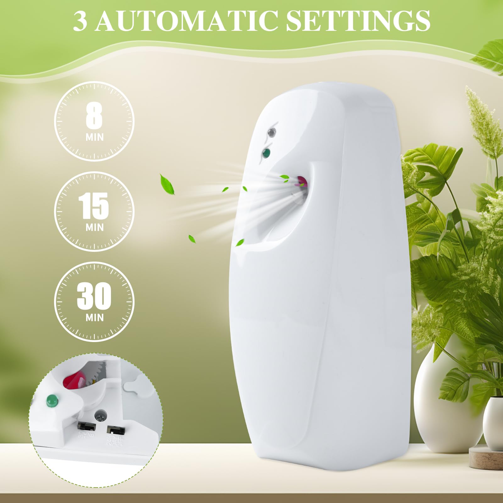 Dispensador automático de ambientador, pulverizador de aerosol de fragancia ajustable automático para baño, hotel, oficina y área pública, blanco, repuesto de ambientador no incluido