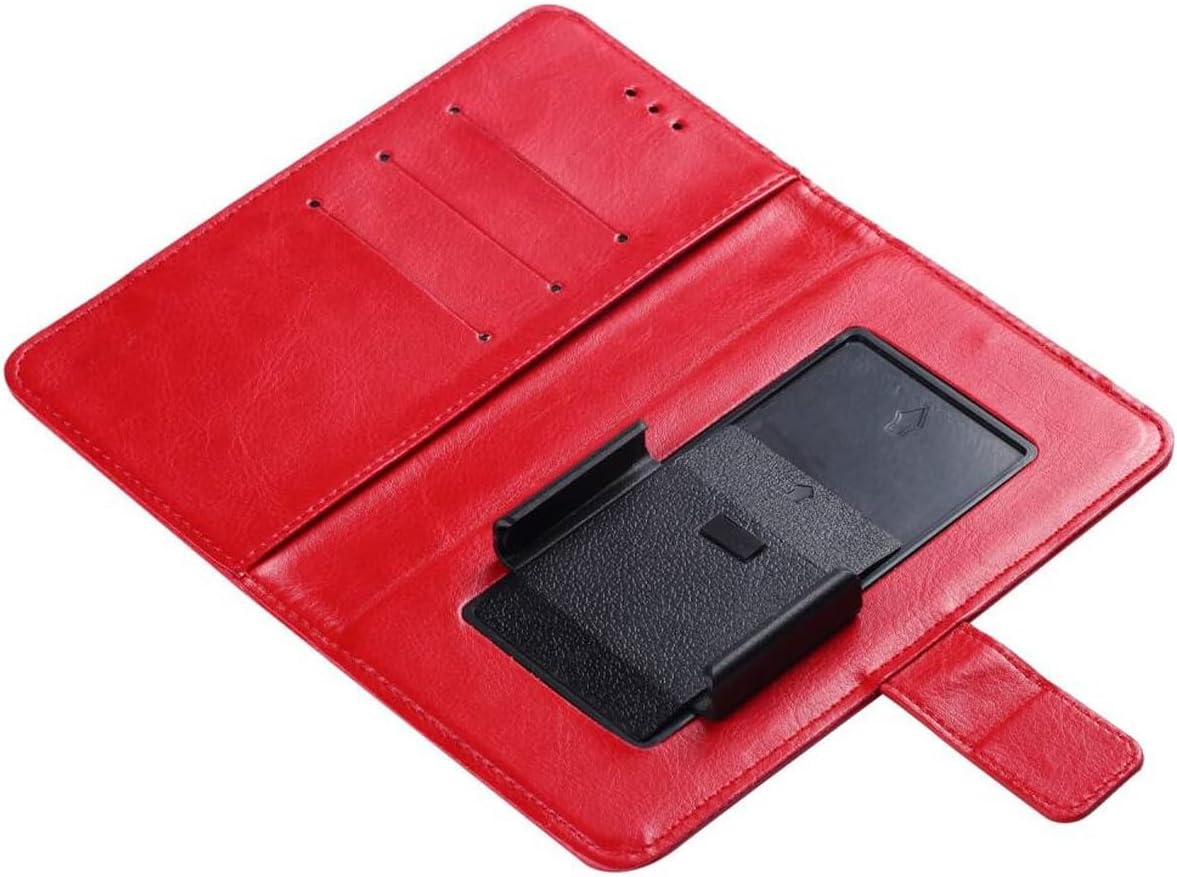 Red wallet phone case open, showing the phone holder.