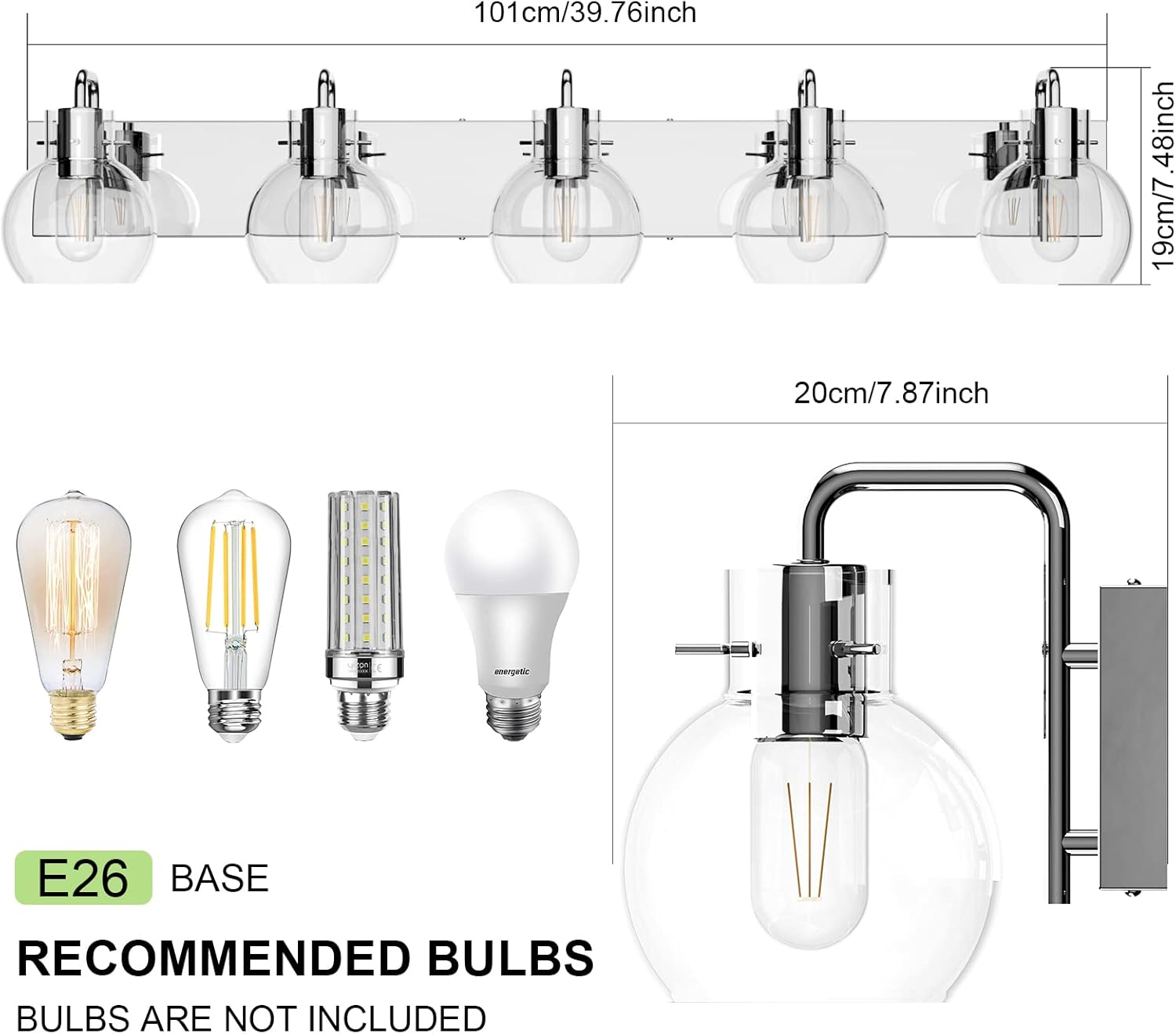 Tipace 5 Lights Stainless Steel Modern Bathroom Vanity Light Fixtures Over Mirror Chrome Industrial Vanity Lights with Globe Clear Glass Farmhouse Bath Lighting(Exclude Bulb)