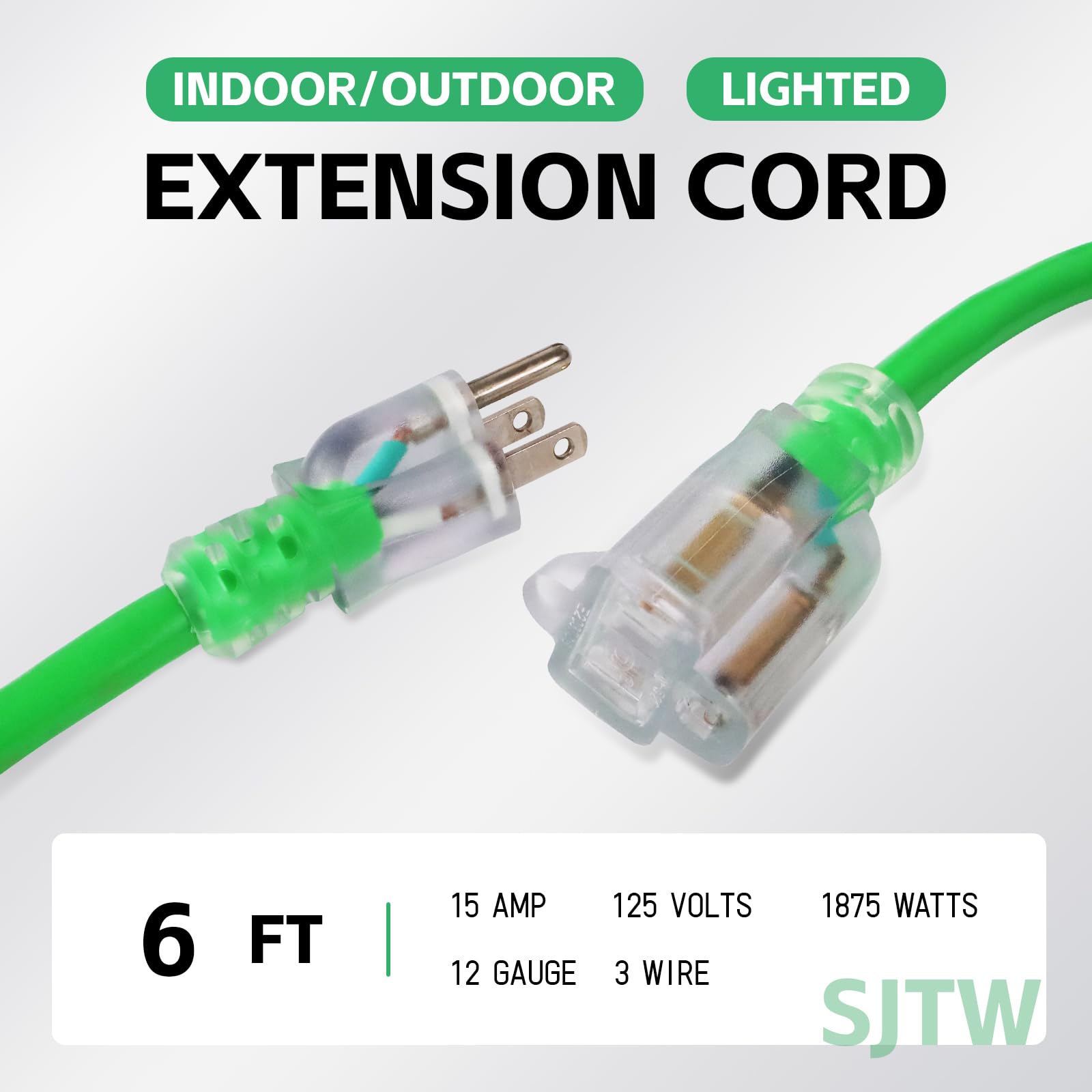 EP 6 Ft Outdoor Extension Cord, 12/3 SJTW Heavy Duty Waterproof Power Cable, 3 Prong Grounded Plug, Lighted End, for Lawn, Garden, Appliances, Green - 3
