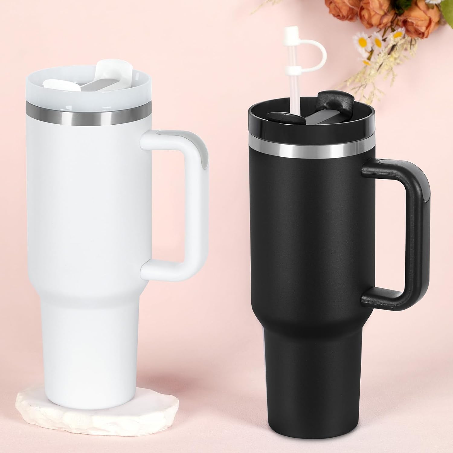 4 Pack 40 Oz Tumblers with Handle Bulk, Double Wall Vacuum Insulated Stainless Steel Tumblers with Lid and Straw, 40 oz Cups with Silicone Spill Proof Stopper Set (Black-2,White-2) - Image 3