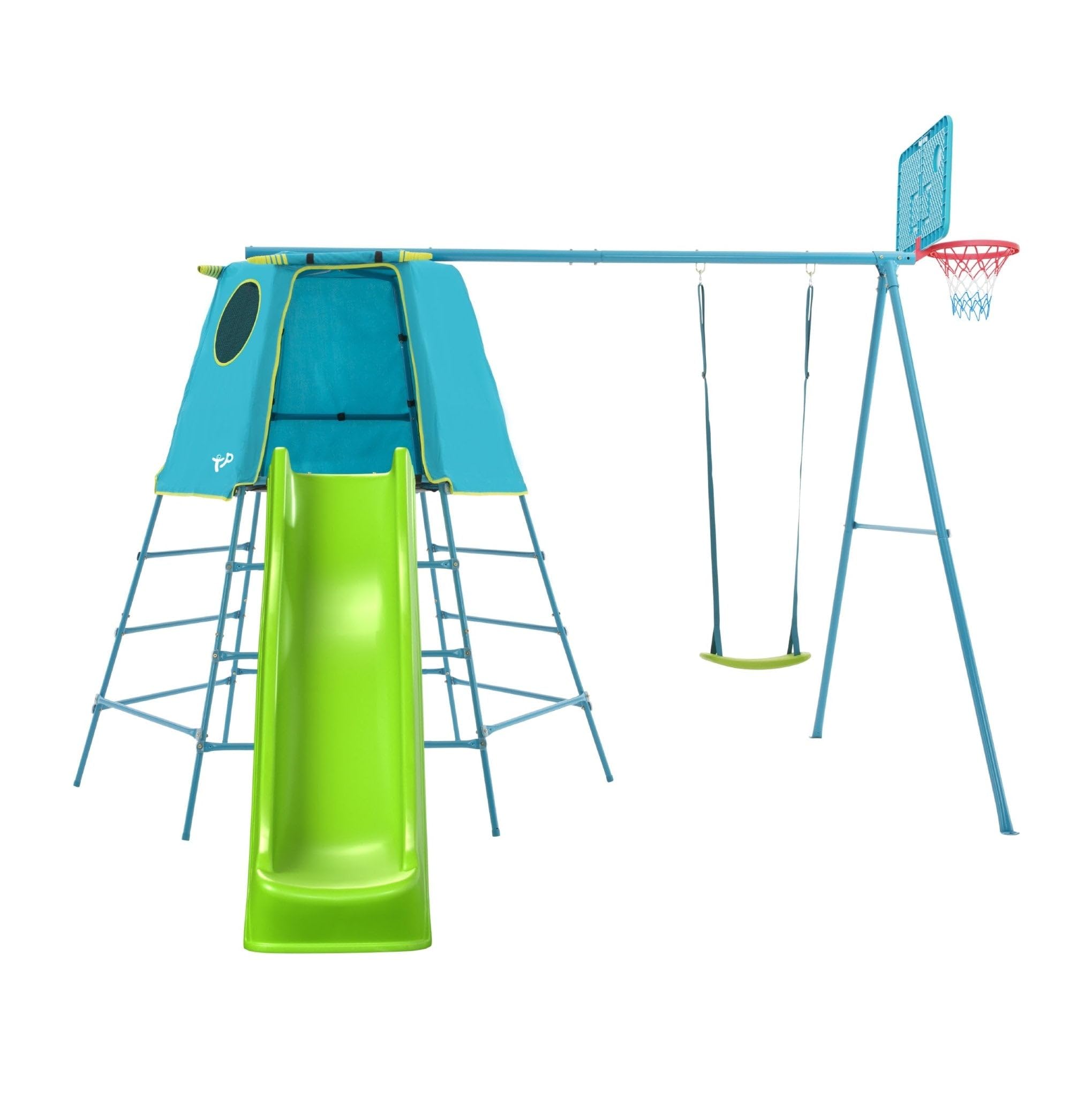 Tp Turquoise Explorer Metal Climbing Frame Set With Crazywavy Slide & Basketball Hoop
