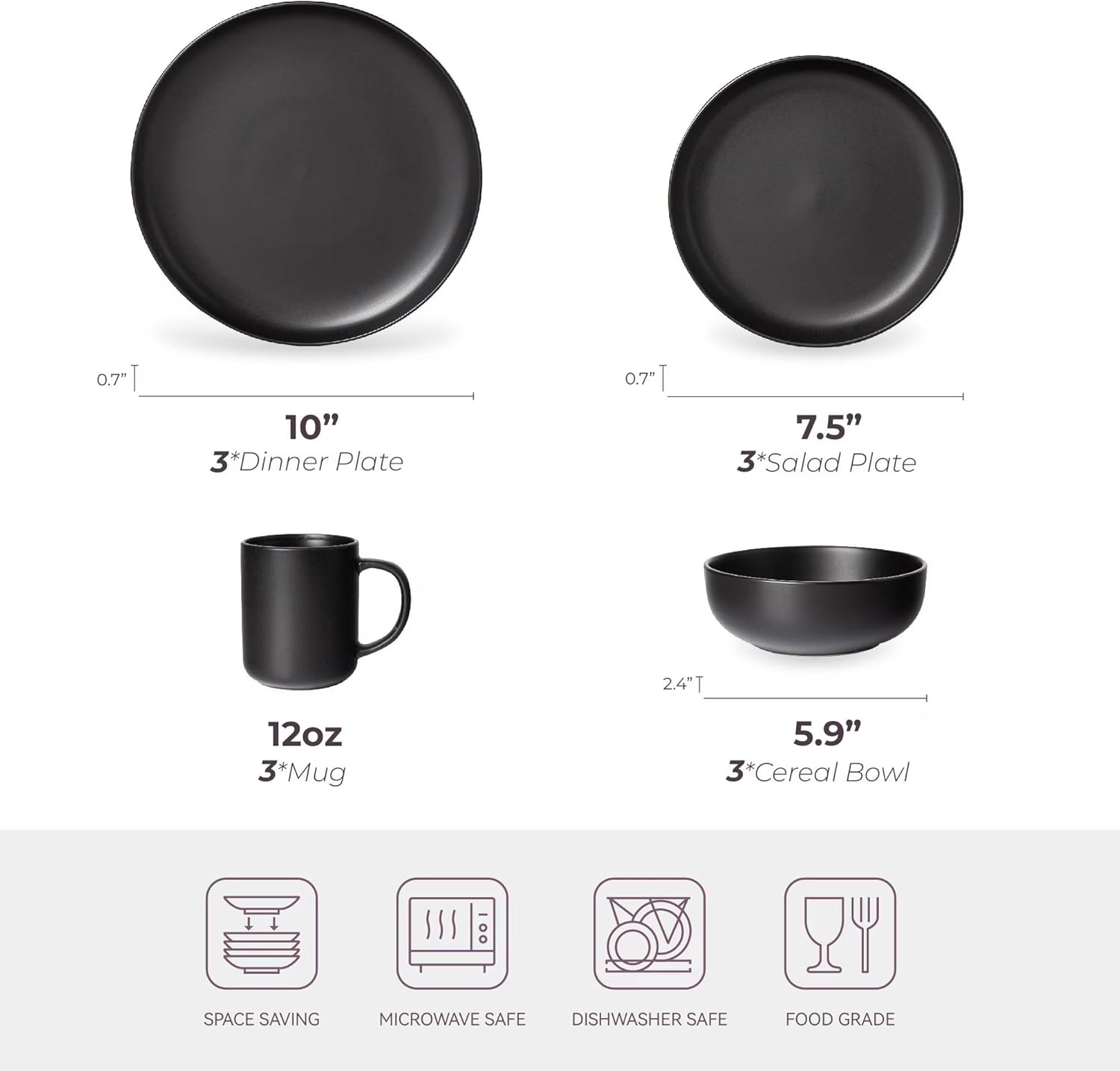 12-Piece Stoneware Dinnerware Set with Mugs | Microwave and Dishwasher Friendly | Stackable Matte Glaze Plates & Bowls | Service for 3 (Black for 3) - Image 2