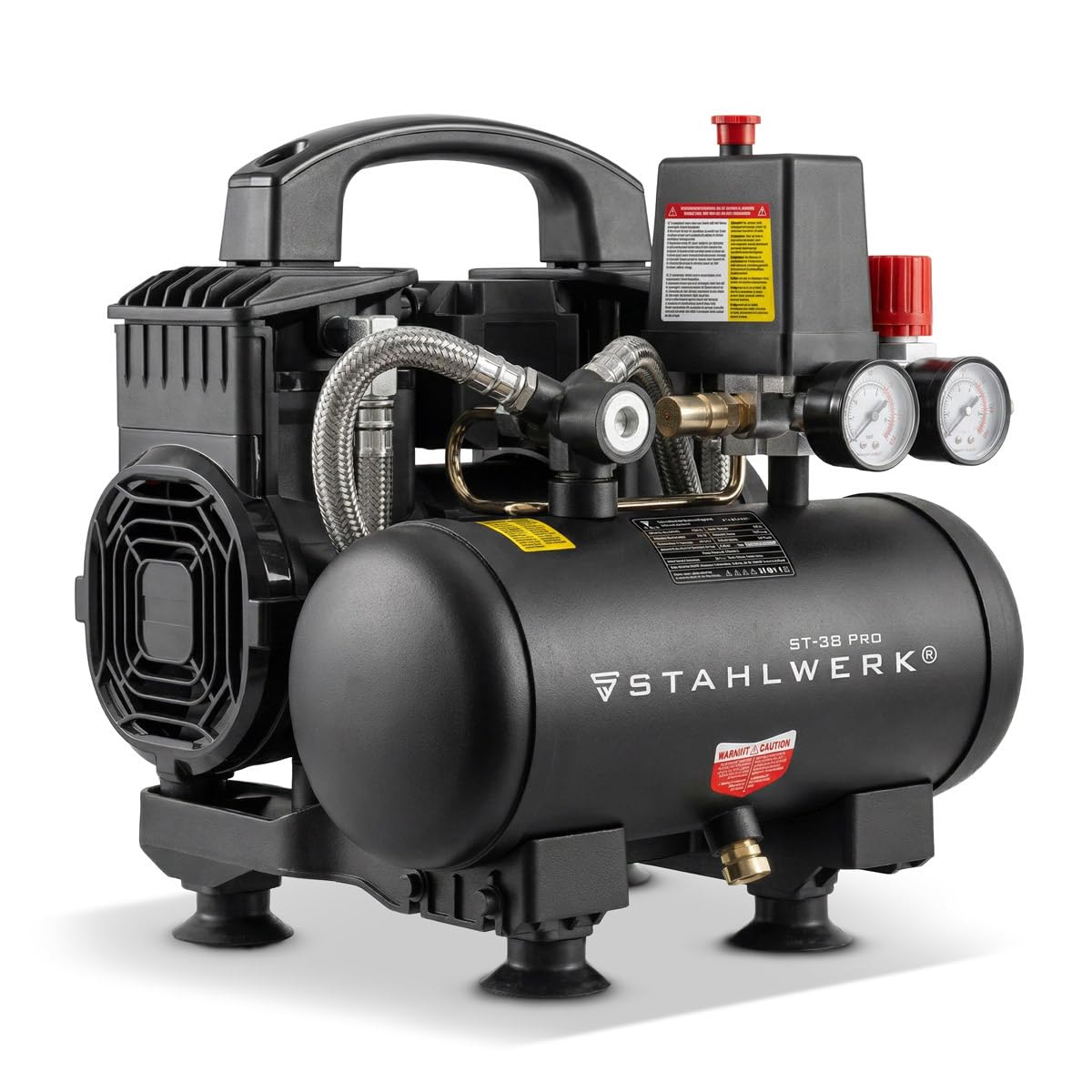 STAHLWERK Kompressor mit 3 L Tank (ST-38 Pro) – ölfrei & leise, 8 bar, 1,6 PS (1,18 kW), 190 l/min, 67 dB, Druckluftkompressor mit Brushless-Motoren, Silent-/Flüsterkompressor, Kolbenkompressor
