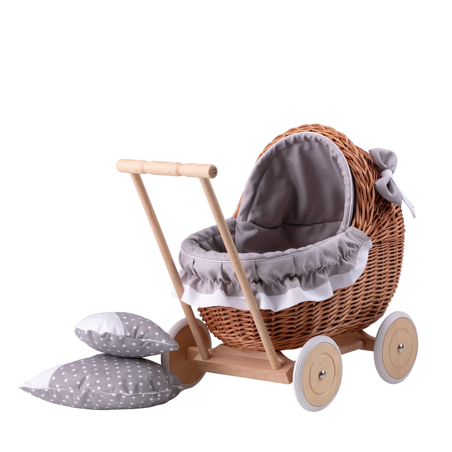 Korbpuppenwagen mit Holzuntergestell – Vintage-Stil, wunderschöne Dekoration für Fotoshootings Sammler-Puppenwagen aus Weide (Grau1)