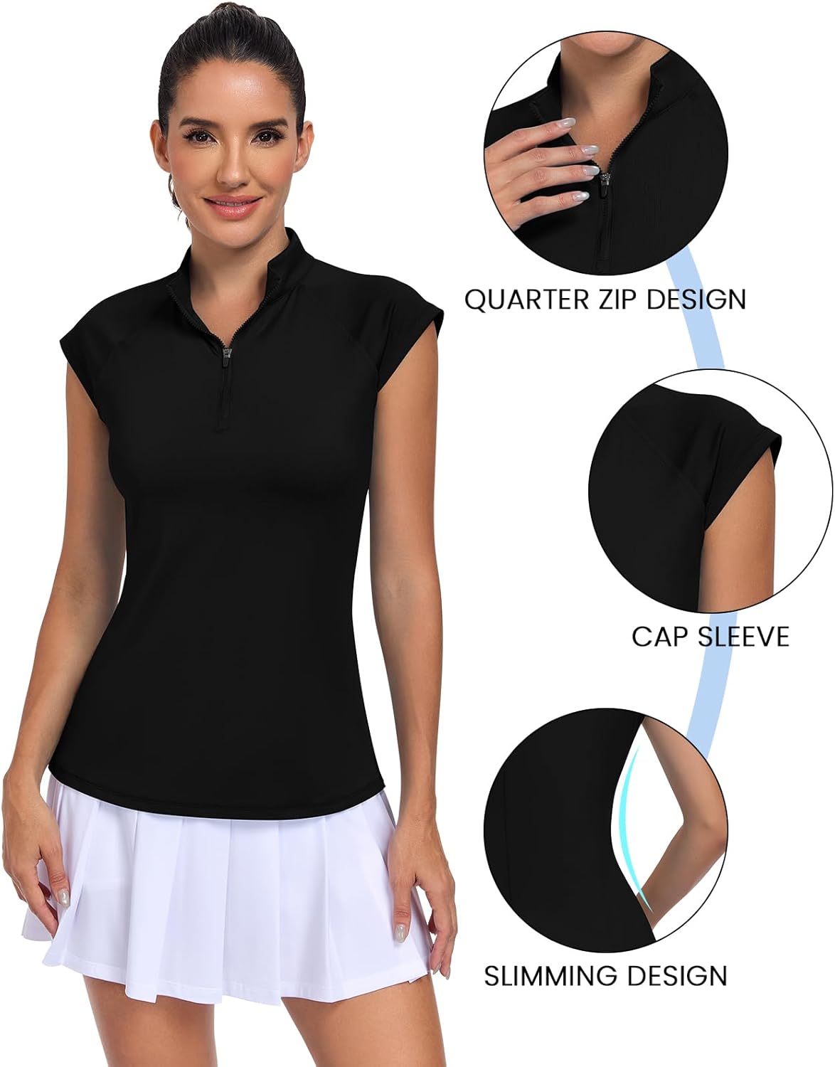 WOWENY Womens Golf Shirts Cap Sleeve Polo Quick Dry Tennis Tops Pickleball Outfits Quarter Zip