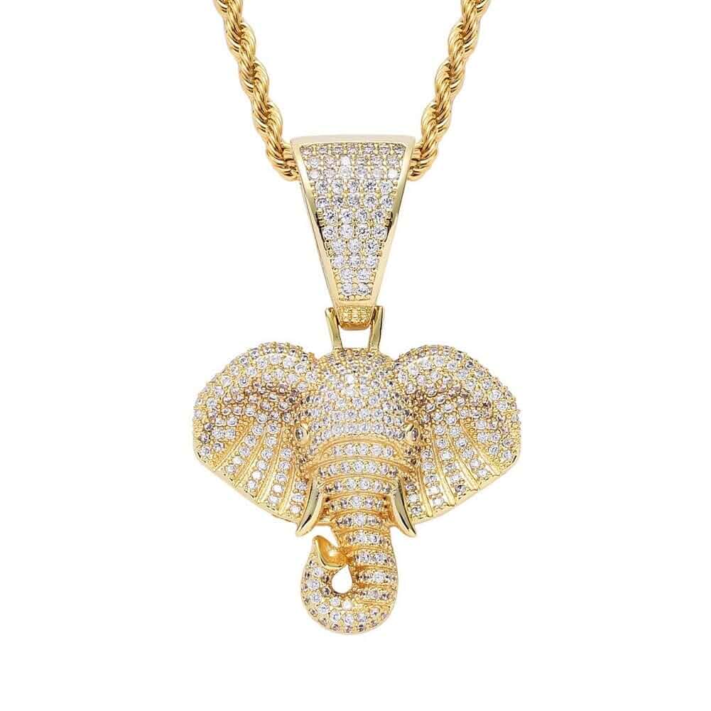 Iced Out Elephant Gold Silver Color Copper Pendant Hip Hop Necklace 18K Gold Plated Bling CZ Micropave Simulated Diamond for Men Women Charm Jewelry with Stainless Steel Rope Chain