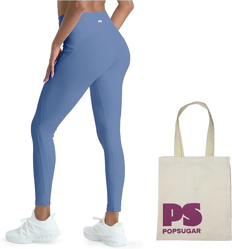 POPSUGAR High Waisted Leggings for Women Tummy Control, Yoga Pants Women, Gym Workout Leggings with Pocket with Gym Bag Blue Mist, Medium