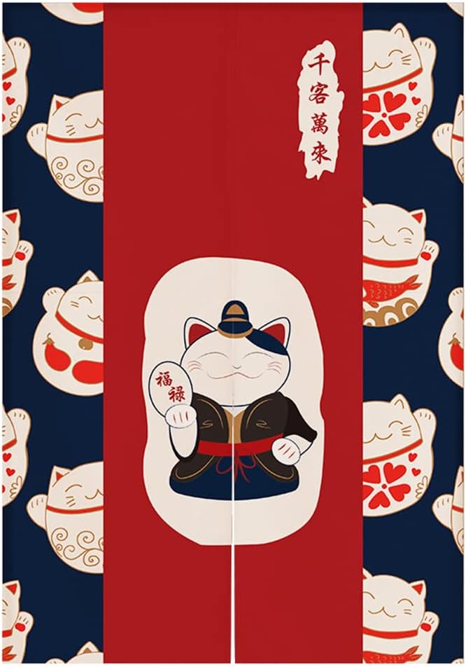 Japanese Noren Doorway Curtain Tapestry Maneki Neko Lucky Cat Door Curtain Ukiyoe Room Divider Kitchen Home Decoration, 29 x 47 inch