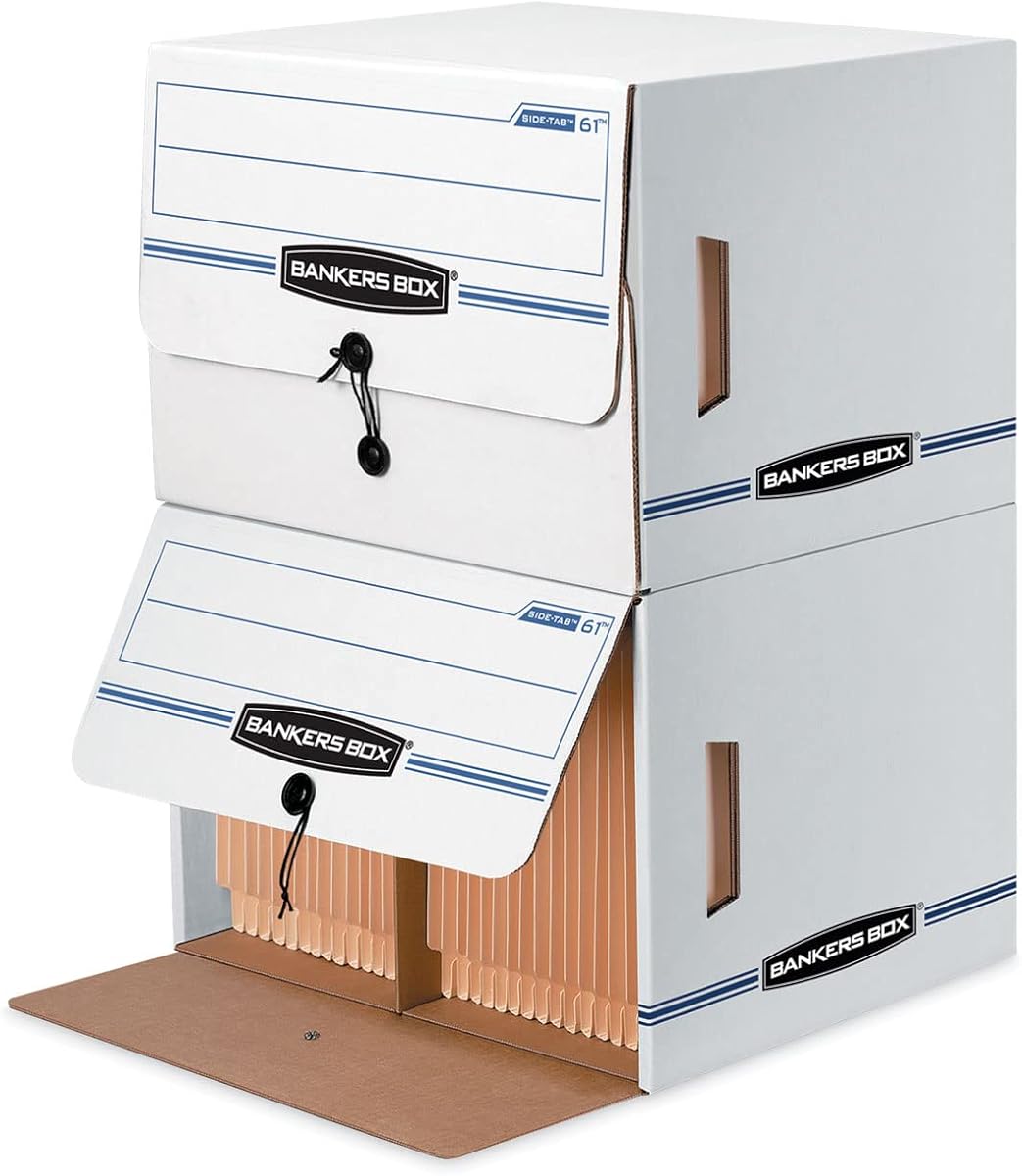 12-Pack Side-Tab Drop-Front Basic-Duty File Box, Letter | Store end-tab records with drop-front access that saves time, protects files, and keeps shelf storage organized.