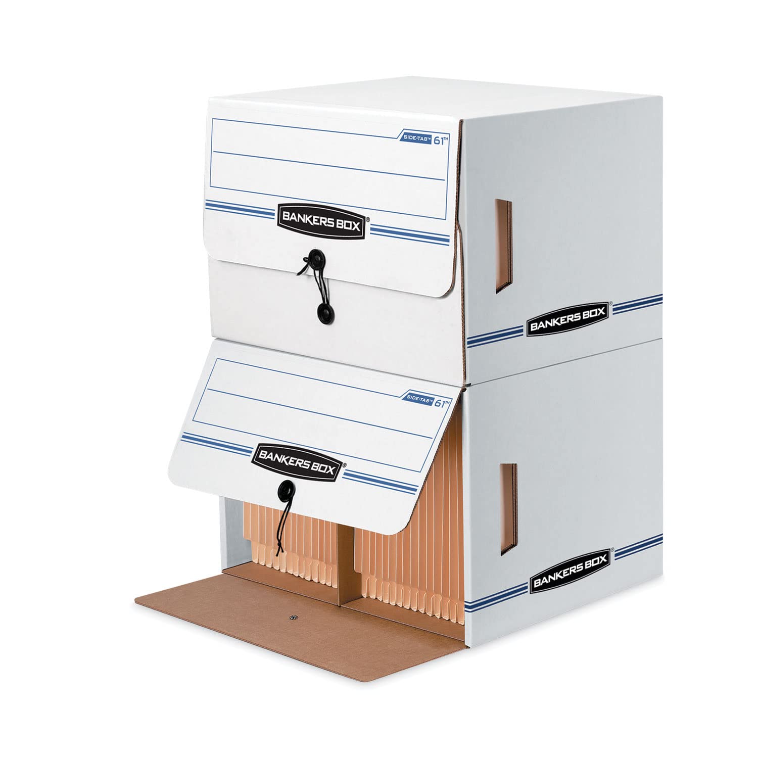 BANKERS BOX 00061 Caja de almacenamiento de archivos con pestaña lateral, carta, 15-1/4 x 13-1/2 x 10-3/4, blanco/azul (caja de 12)