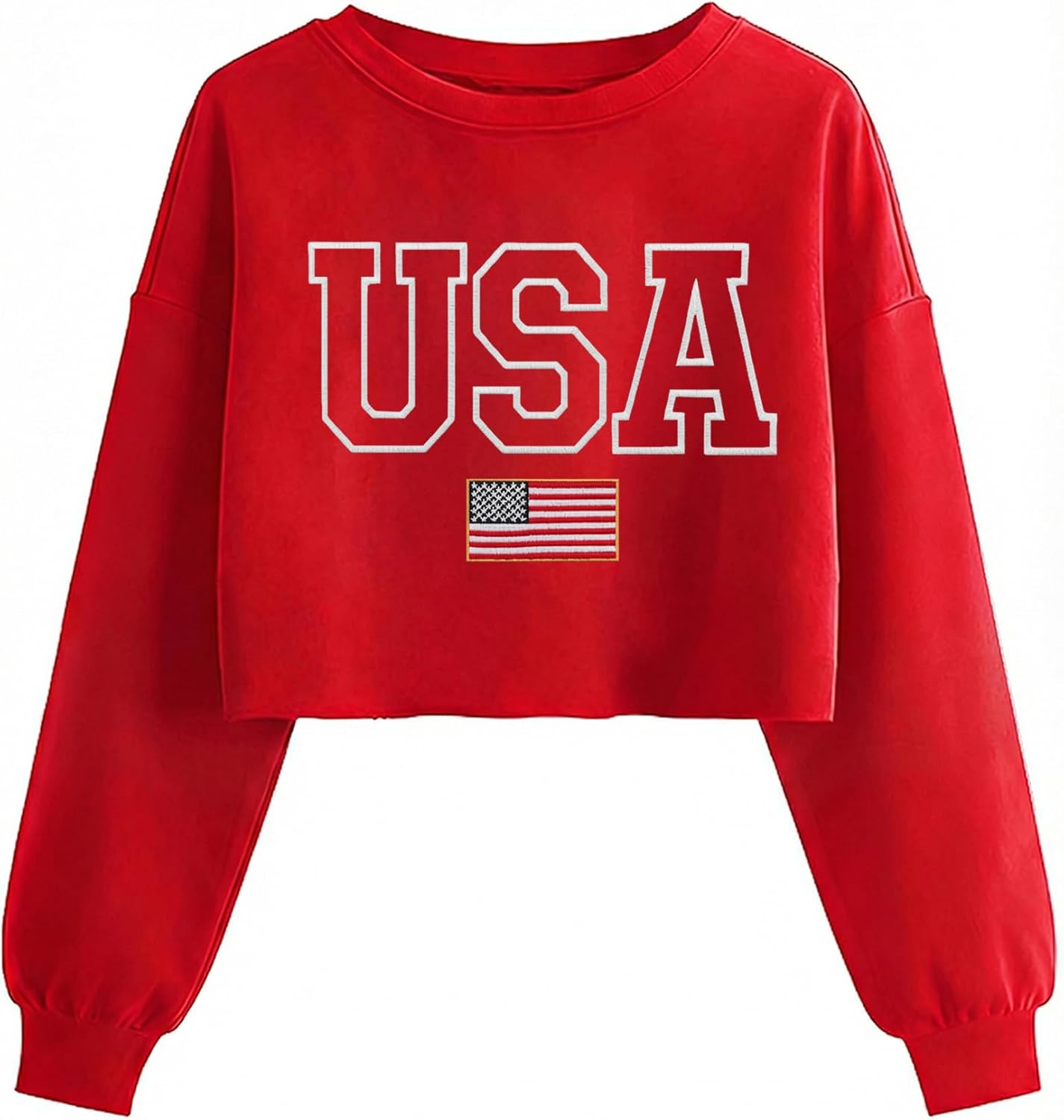 USA Flag Sweatshirts for Women: Embroidered 4th of July Shirts Long Sleeve Patriotic Crop Sweatshirt