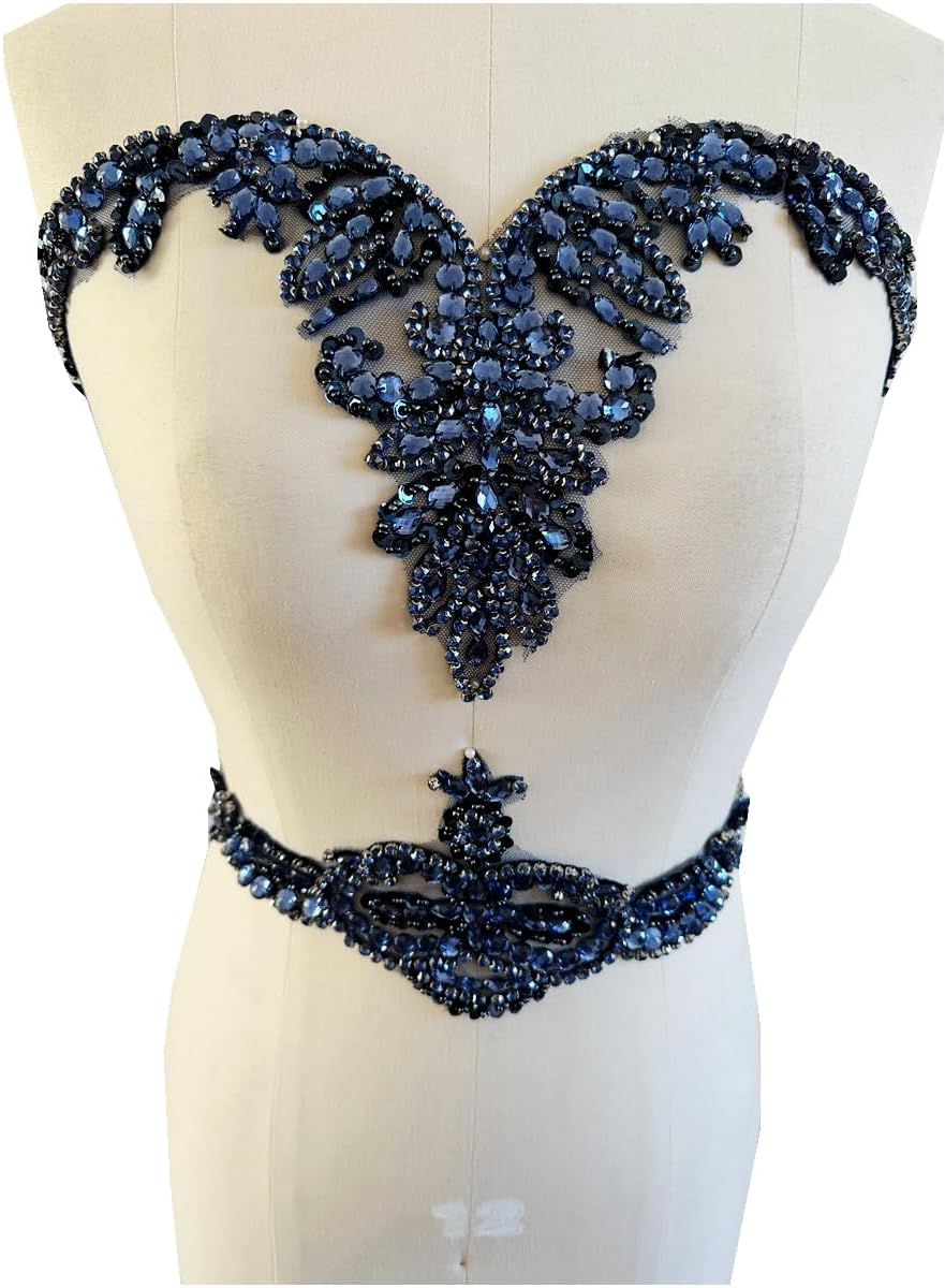 Large Size Pure handsewing Rhinestones Beads Applique for Dress Clothing Neckline and Waist Trim sew on Shining Crystal Sequins lace Patches one Set/Bag (Deepblue)