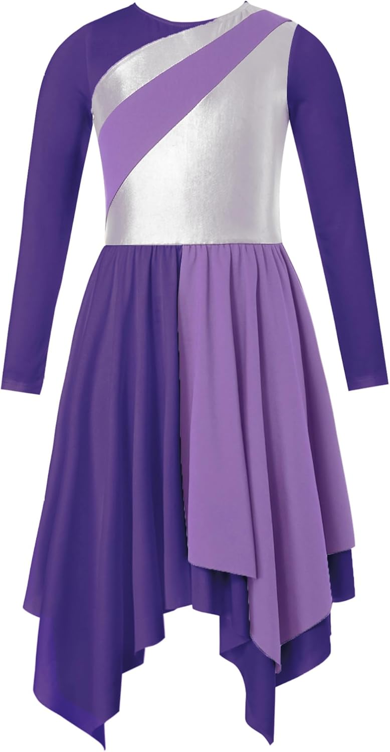Girls Metallic Liturgical Praise Dance Dress Color Block Long Sleeve Asymmetrical Worship Dress Church Robe