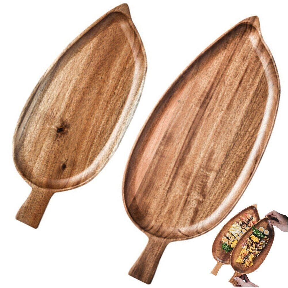 Lot de 2 plateaux de service en bois en forme de feuille – Idéal pour les aliments, les biscuits, le pain, les fruits, les sushis, les desserts – Idéal pour le dîner et le petit déjeuner